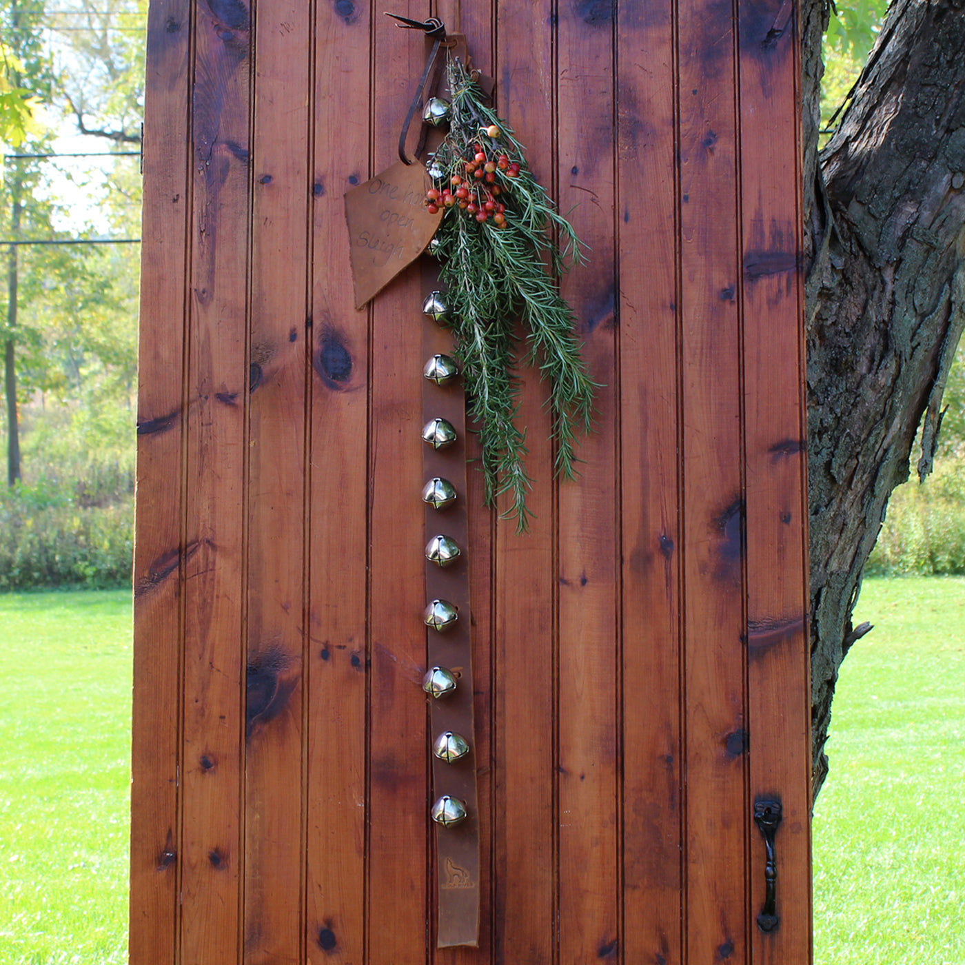 A leather strap with jingle bells down the front hangs with a mistletoe on a wooden backdrop.